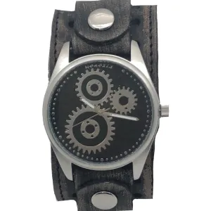 Geared Black Watch with Stitched Perforated Distressed Black Leather Cuff VBS112K 