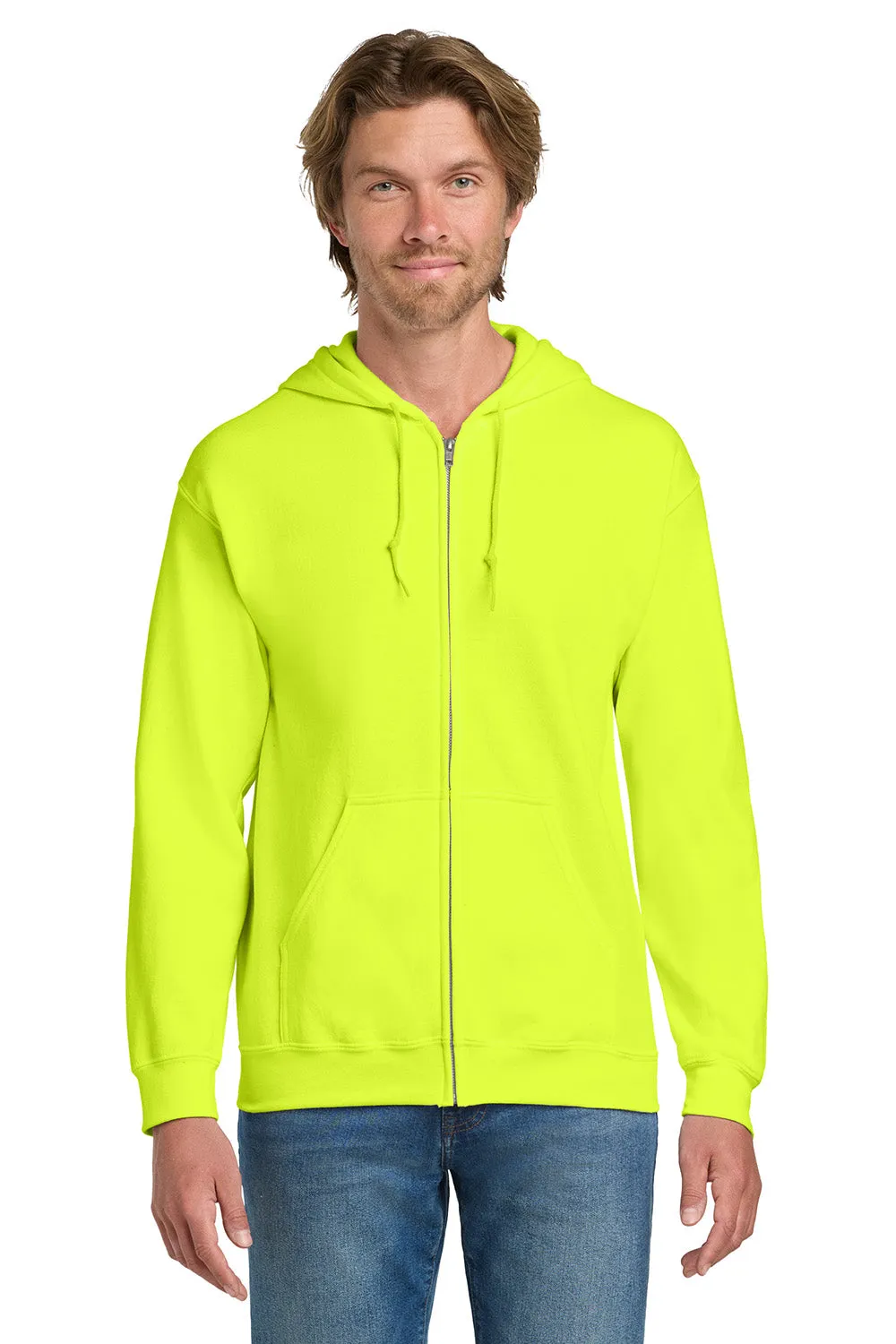 Gildan Mens Pill Resistant Full Zip Hooded Sweatshirt Hoodie w/ Pockets - Safety Green  Affordable Clothing Gildan
