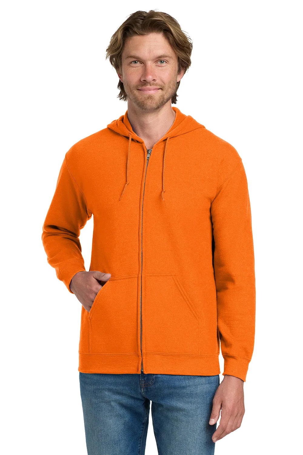 Gildan Mens Pill Resistant Full Zip Hooded Sweatshirt Hoodie w/ Pockets - Safety Orange  Affordable Clothing Gildan