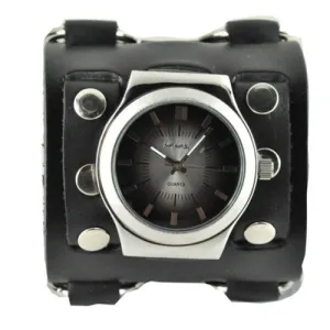 Gradient Black/Grey Watch with Bullet Ring Distressed Charcoal Leather Triple Strap Cuff 