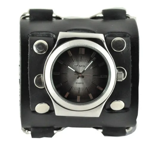 Gradient Black/Grey Watch with Bullet Ring Distressed Charcoal Leather Triple Strap Cuff 