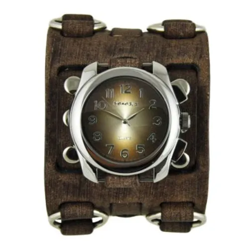 Gradient Brown/Yellow Watch with Bullet Ring Distressed Brown Leather Triple Strap Cuff 