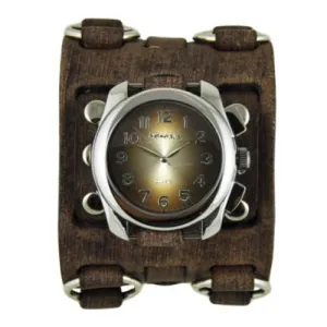 Gradient Brown/Yellow Watch with Bullet Ring Distressed Brown Leather Triple Strap Cuff 