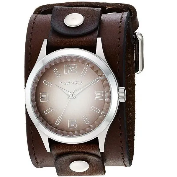 Gradient Pointium Brown Watch with Stitched Dark Brown Leather Wide Cuff 