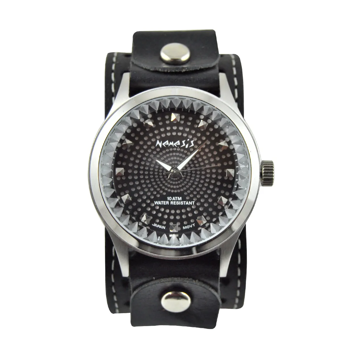 Gradient Pointium Diamond Cut Black Watch with White Stitched Black Leather Cuff 