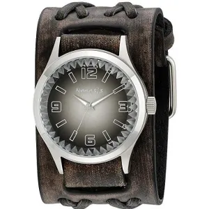 Gradient Pointium Grey Watch with Double X Distressed Dark Brown Leather Wide Cuff 
