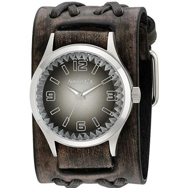 Gradient Pointium Grey Watch with Double X Distressed Dark Brown Leather Wide Cuff 