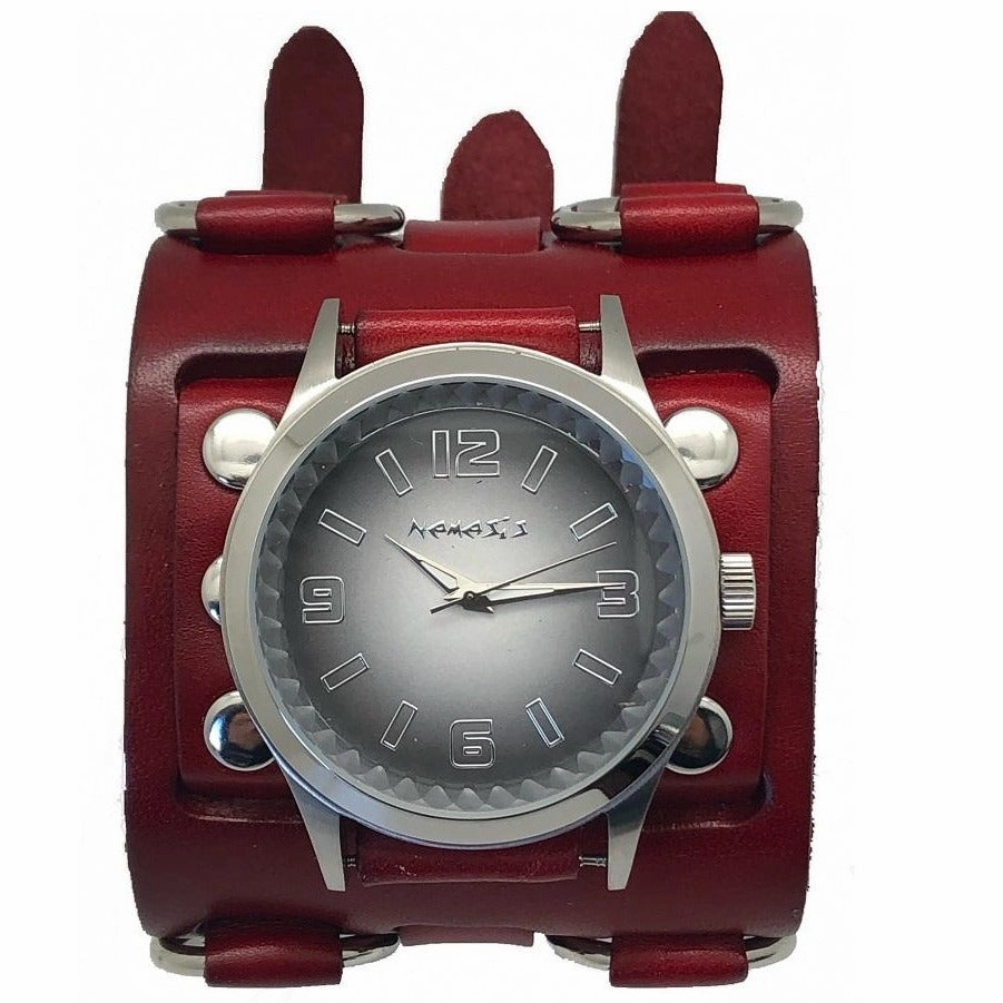 Gradient Pointium Grey Watch with Ring Bullet Red Leather Triple Strap Cuff 