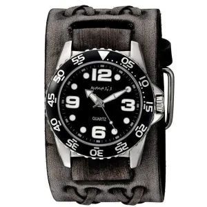 Groovy Black Watch with Double X Distressed Charcoal Leather Wide Cuff VDXB097K 