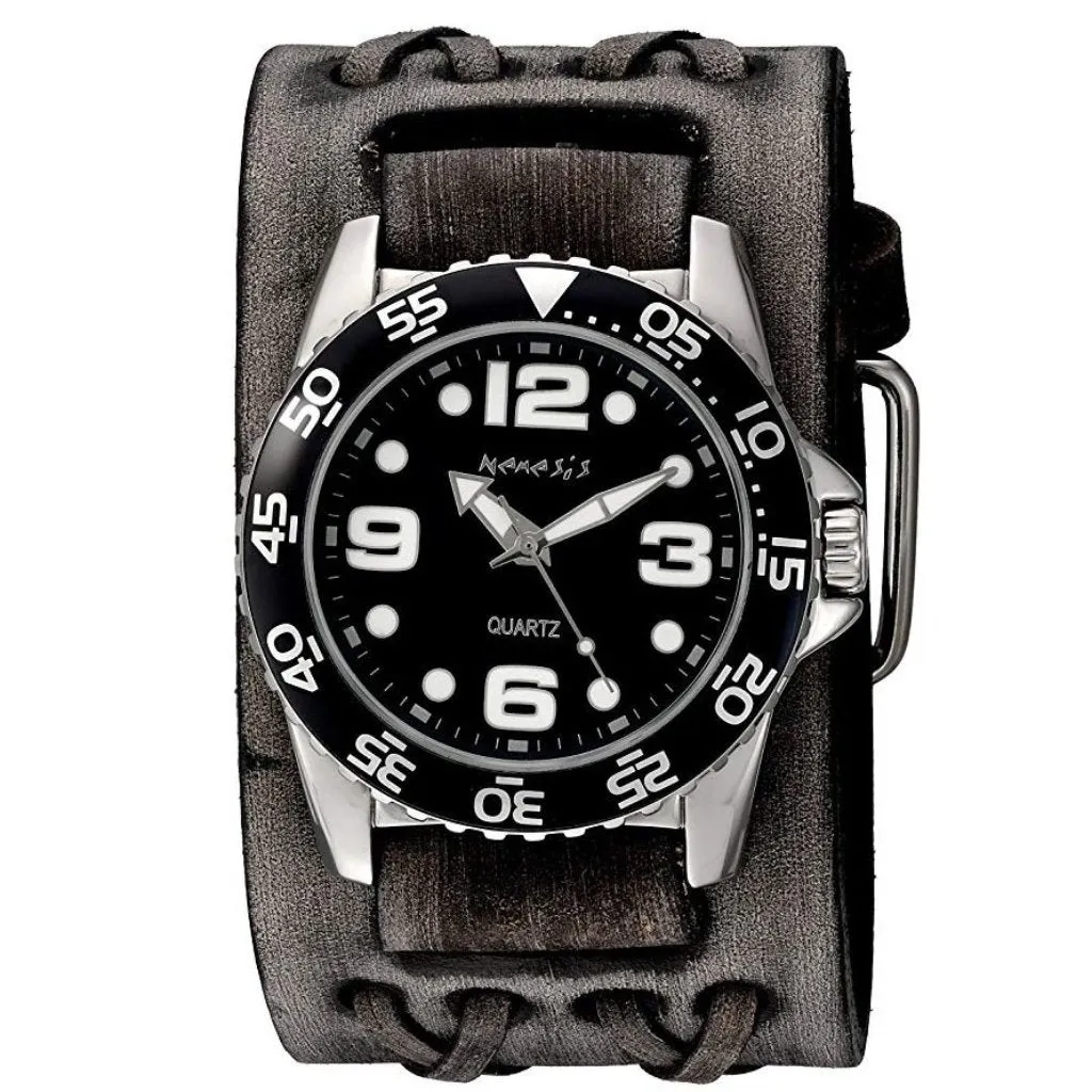 Groovy Black Watch with Double X Distressed Charcoal Leather Wide Cuff VDXB097K 