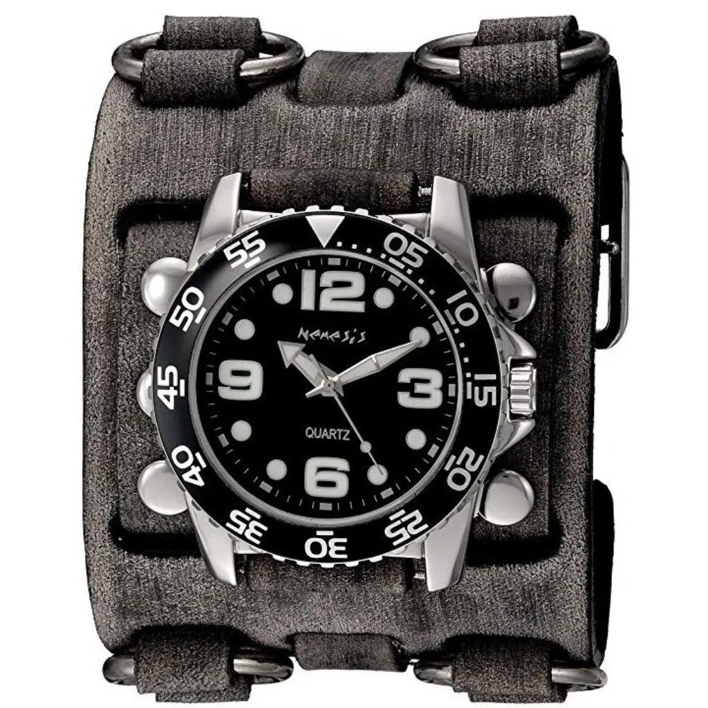 Groovy Black Watch with Ring Distressed Charcoal Leather Triple Strap Cuff FWB097K 