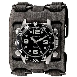 Groovy Black Watch with Ring Distressed Charcoal Leather Triple Strap Cuff FWB097K 