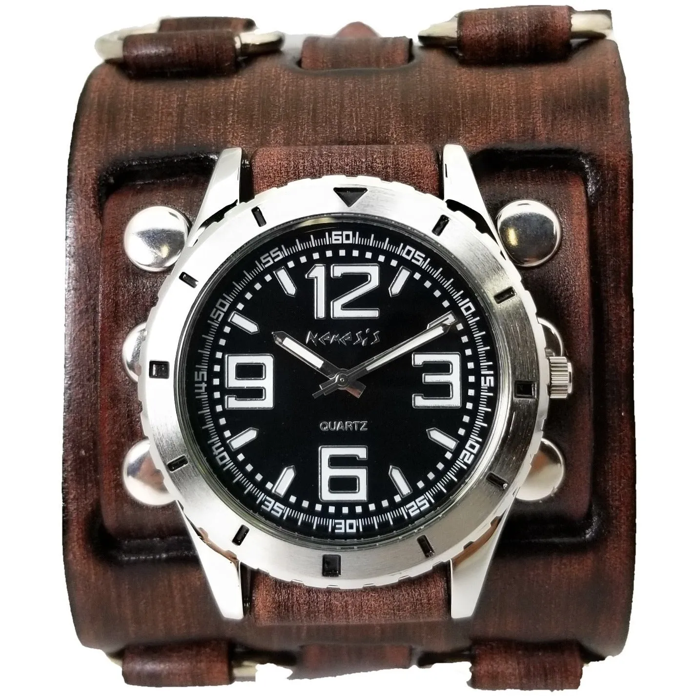 Groovy Black Watch with Ring Distressed Dark Brown Leather Triple Strap Cuff  BFWB096K 