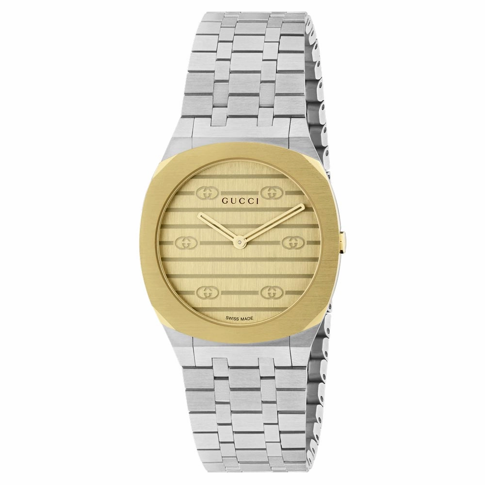 Gucci 25H 30mm Gold Dial Gold Plated Steel Quartz Watch YA163502