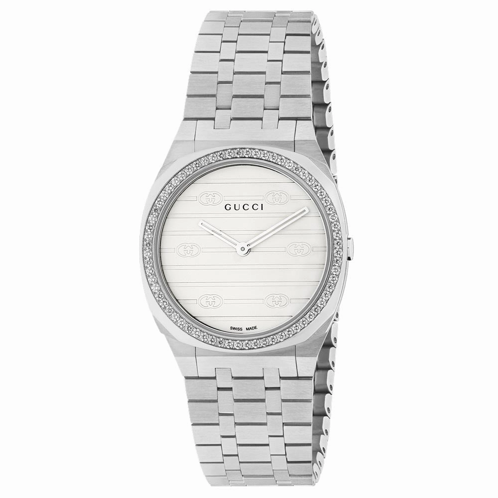 Gucci 25H 30mm White Brass Dial Stainless Steel Diamond Ladies Watch YA163503