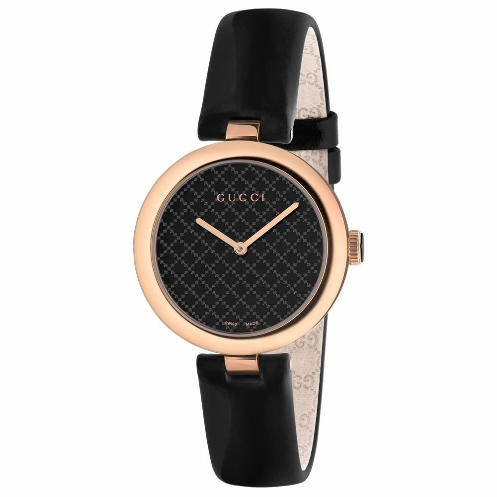 Gucci Diamantissima 32mm Black Dial Rose Gold PVD Steel Ladies Watch YA141401