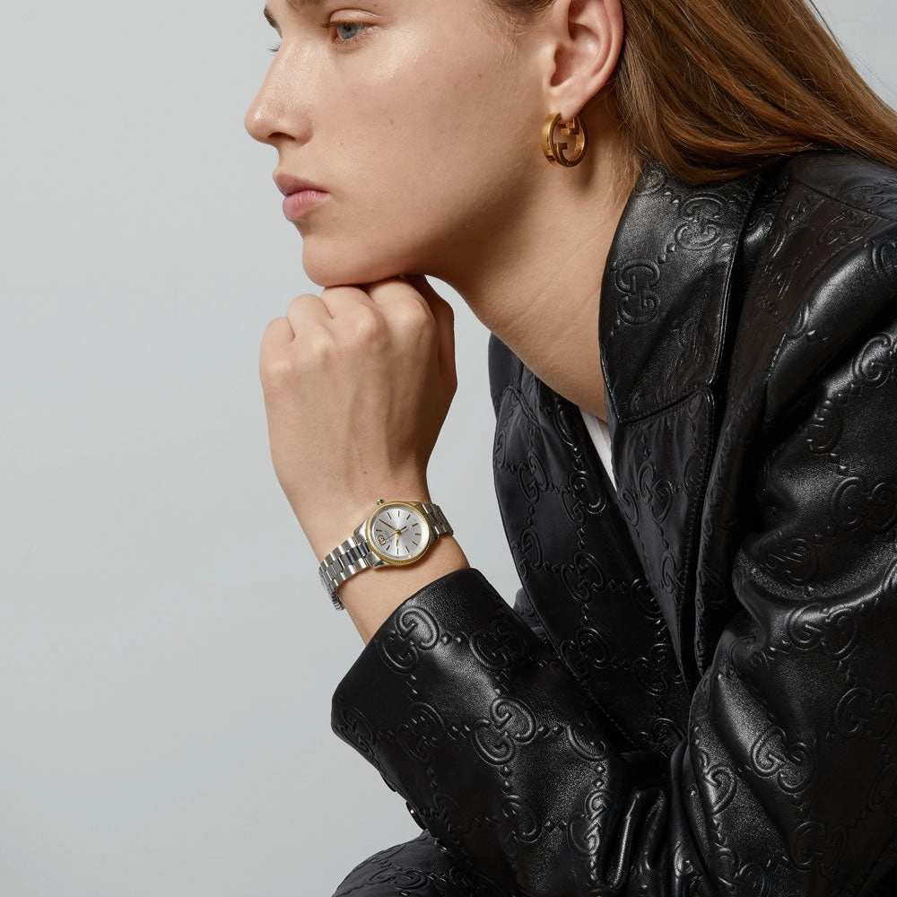 Gucci G-Timeless 29mm Silver Dial Gold Plated & Steel Ladies Quartz Watch YA1265063
