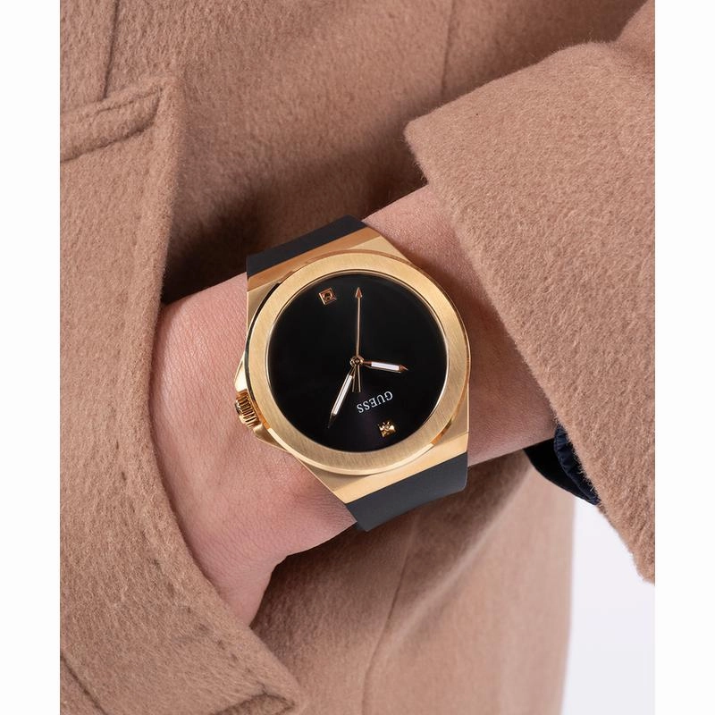 Guess Mens Black Gold Tone Analog Watch