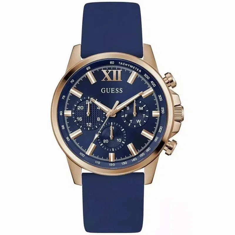 Guess Mens Blue Rose Gold Tone Multifunction Watch