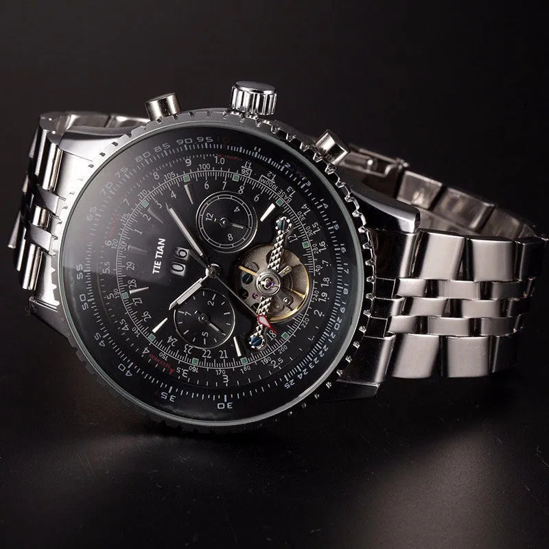 Hollow Tourbillon Date Week 24 Hours Large Dial Men's Automatic Mechanical Watch Stainless Steel 