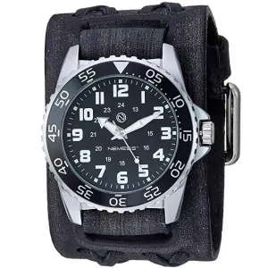 Hybrid Diver Black/White Watch with Double X Distressed Dark Brown Leather Wide Cuff 