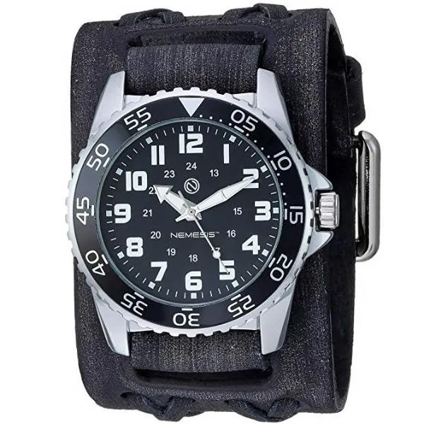 Hybrid Diver Black/White Watch with Double X Distressed Dark Brown Leather Wide Cuff 