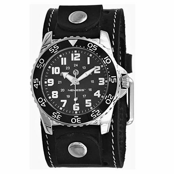 Hybrid Diver Black/White Watch White with Stitched Black Leather Wide Cuff  STH257K 