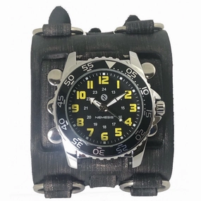 Hybrid Diver Black/Yellow Watch Bullet with Ring Distressed Charcoal Leather Triple Strap Cuff 