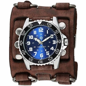 Hybrid Diver Blue/White Watch with Ring Bullet Distressed Brown Leather Triple Strap Cuff 