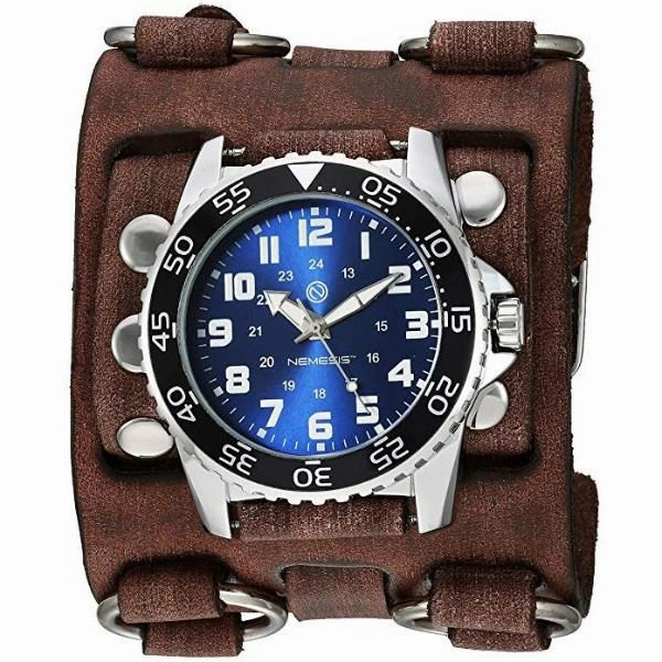 Hybrid Diver Blue/White Watch with Ring Bullet Distressed Brown Leather Triple Strap Cuff 
