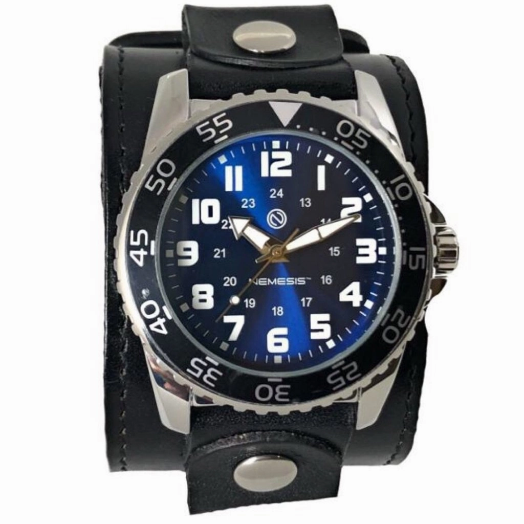Hybrid Diver Blue/White Watch with Stitched Black Leather Wide Cuff 