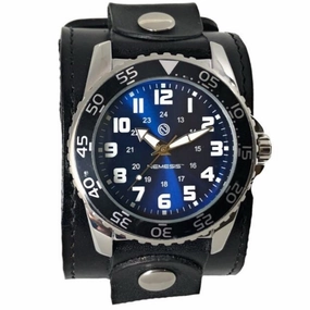 Hybrid Diver Blue/White Watch with Stitched Black Leather Wide Cuff 