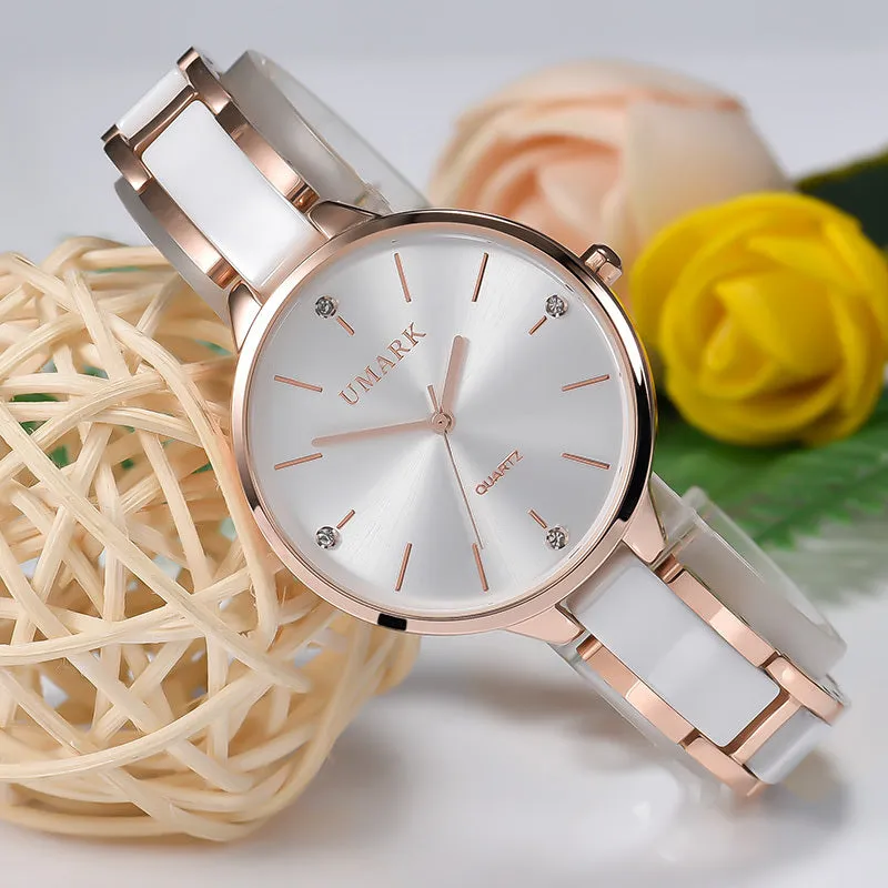 Ladies Ceramic Diamonds Waterproof Quartz Watch 