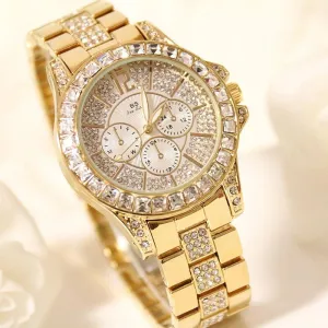 Ladies Fashion Luxury Three Eyes Full Rhinestone Crystal Large Dial Quartz 
