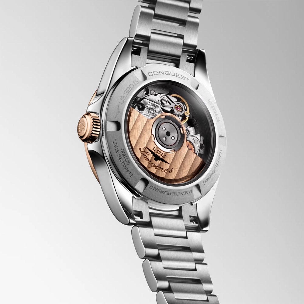 Longines Conquest 30mm Blue Dial Steel and 18ct Pink Gold Cap Automatic Ladies Watch L3.320.5.92.6