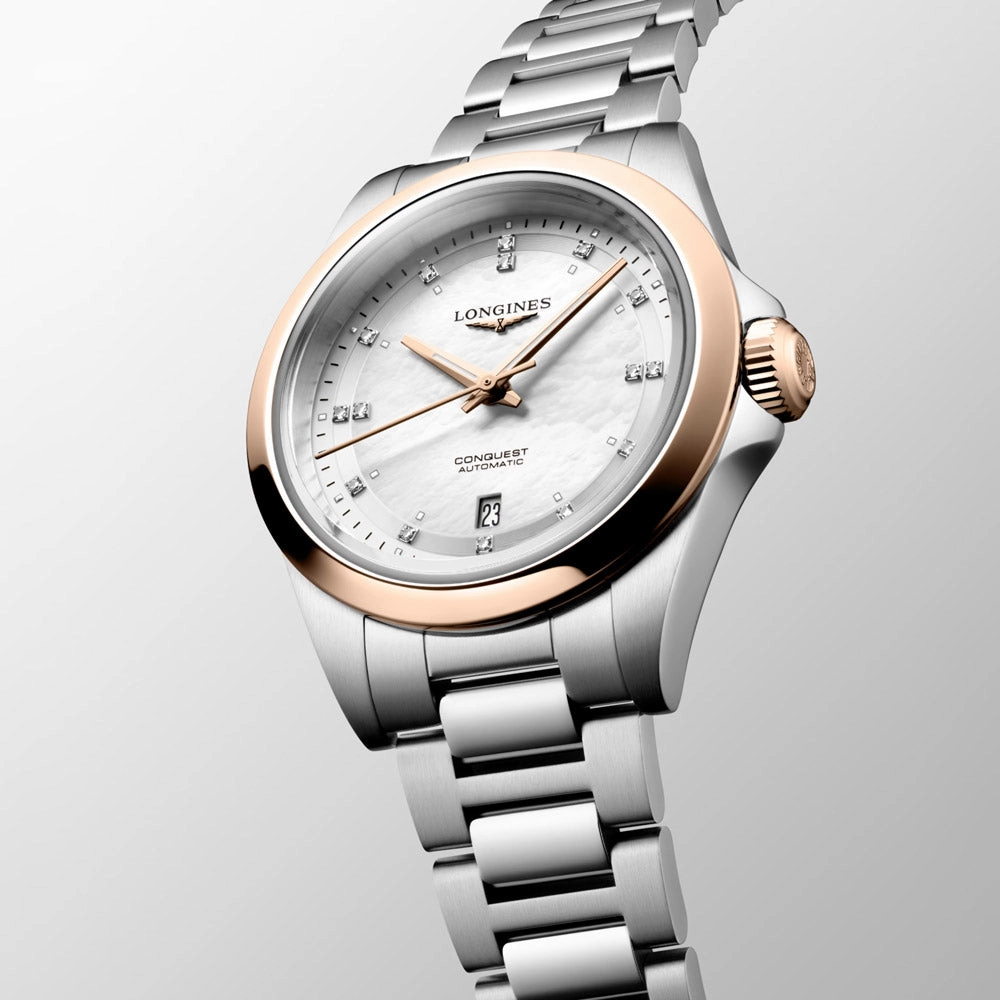 Longines Conquest 30mm MOP Diamond Dot Dial Steel and 18ct Pink Gold Automatic Ladies Watch L3.320.5.87.6