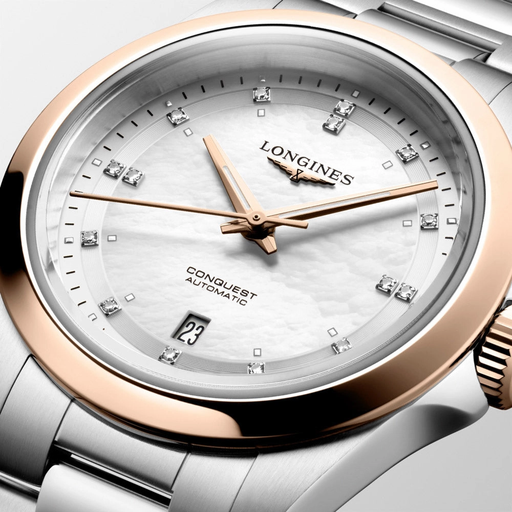 Longines Conquest 30mm MOP Diamond Dot Dial Steel and 18ct Pink Gold Automatic Ladies Watch L3.320.5.87.6