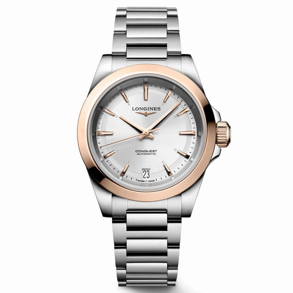 Longines Conquest 34mm Silver Dial 18ct Rose Gold Capped Steel Automatic Ladies Watch L3.430.5.72.6