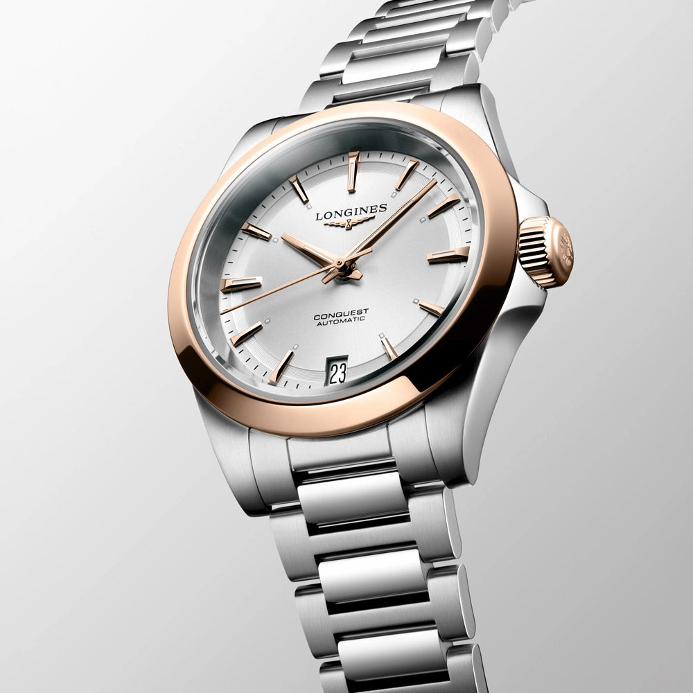 Longines Conquest 34mm Silver Dial 18ct Rose Gold Capped Steel Automatic Ladies Watch L3.430.5.72.6
