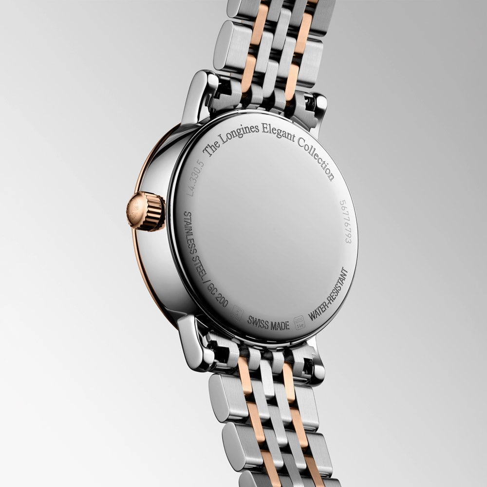 Longines Elegant Collection 30mm MOP Diamond Dot Dial Moon Phase 18ct Rose Gold Capped Steel Quartz Ladies Watch L4.330.5.87.7