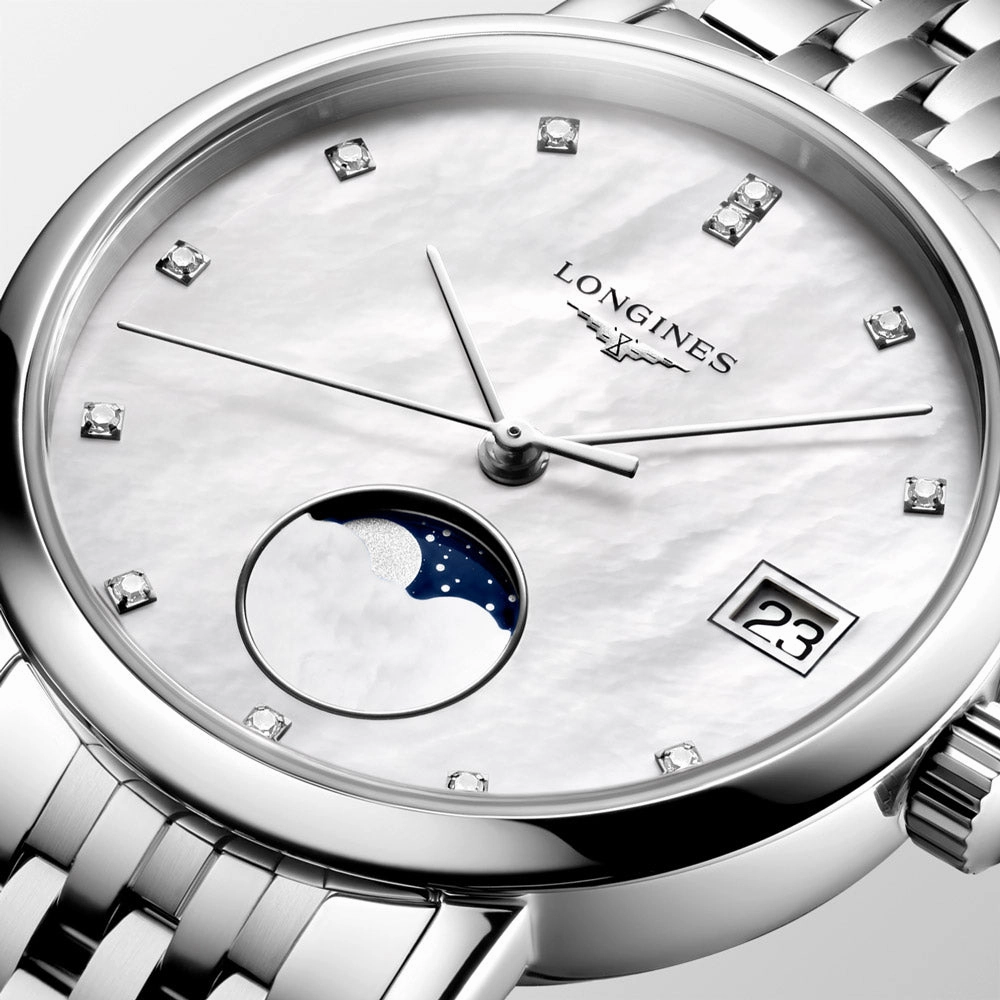 Longines Elegant Collection 30mm MOP Diamond Dot Dial Moon Phase Quartz Ladies Watch L4.330.4.87.6