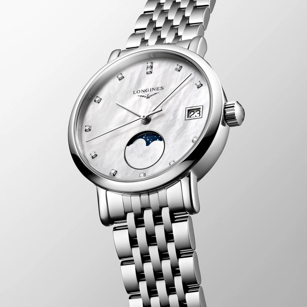 Longines Elegant Collection 30mm MOP Diamond Dot Dial Moon Phase Quartz Ladies Watch L4.330.4.87.6