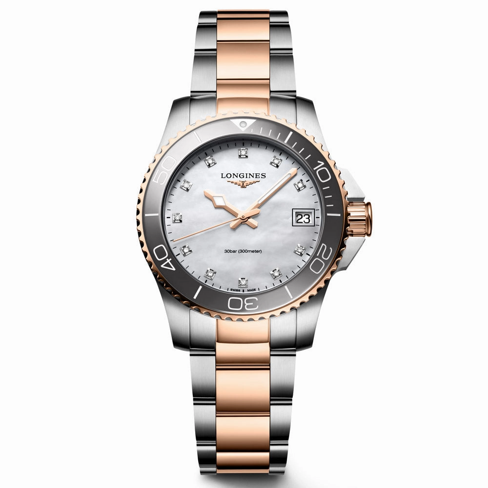 Longines HydroConquest 32mm MOP Diamond Dot Dial Red PVD Steel Quartz Ladies Watch L3.370.3.89.6