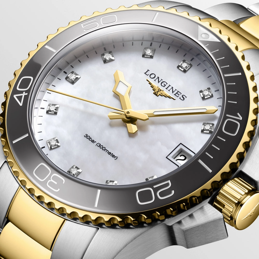 Longines HydroConquest 32mm MOP Diamond Dot Dial Yellow PVD Steel Quartz Ladies Watch L3.370.3.87.6