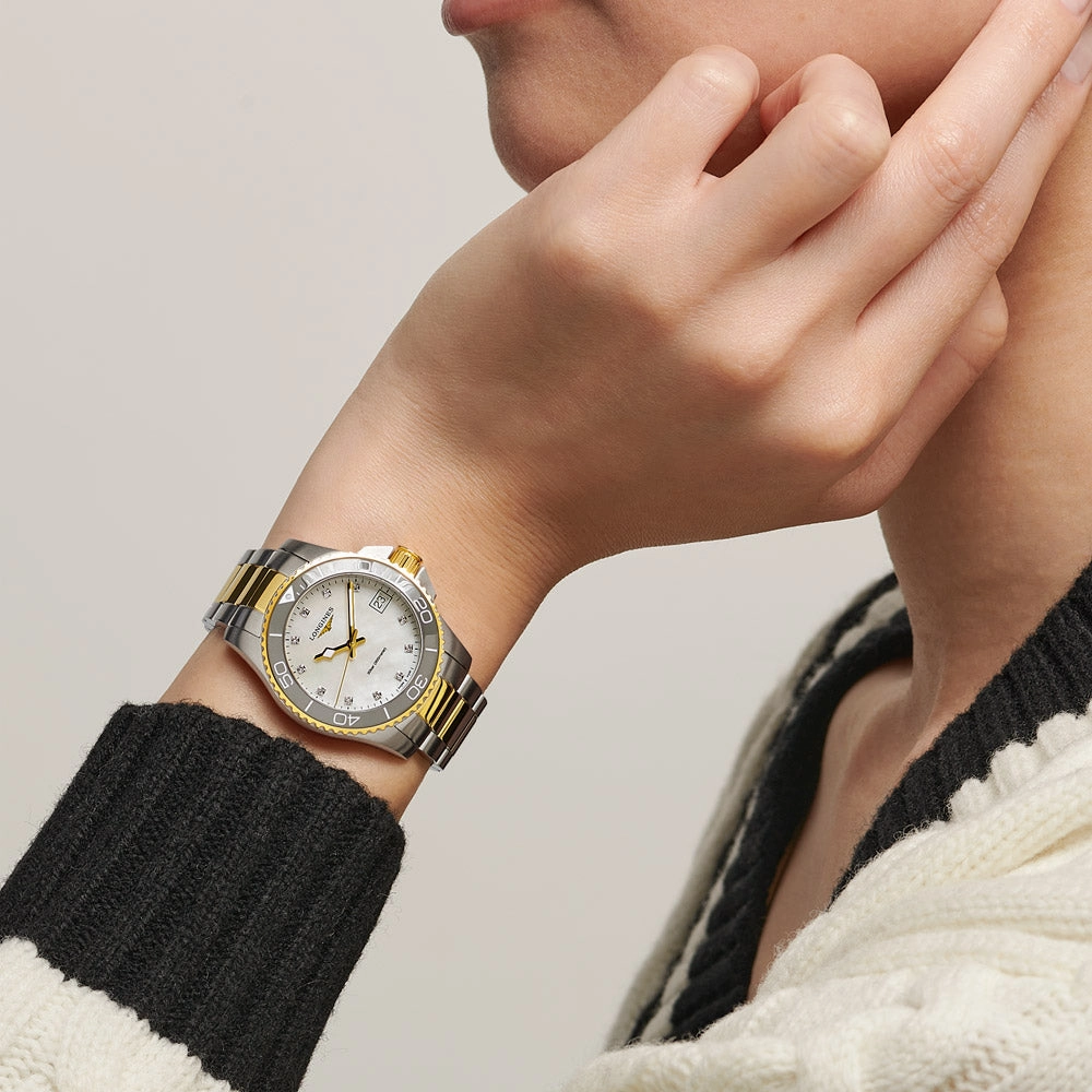 Longines HydroConquest 32mm MOP Diamond Dot Dial Yellow PVD Steel Quartz Ladies Watch L3.370.3.87.6
