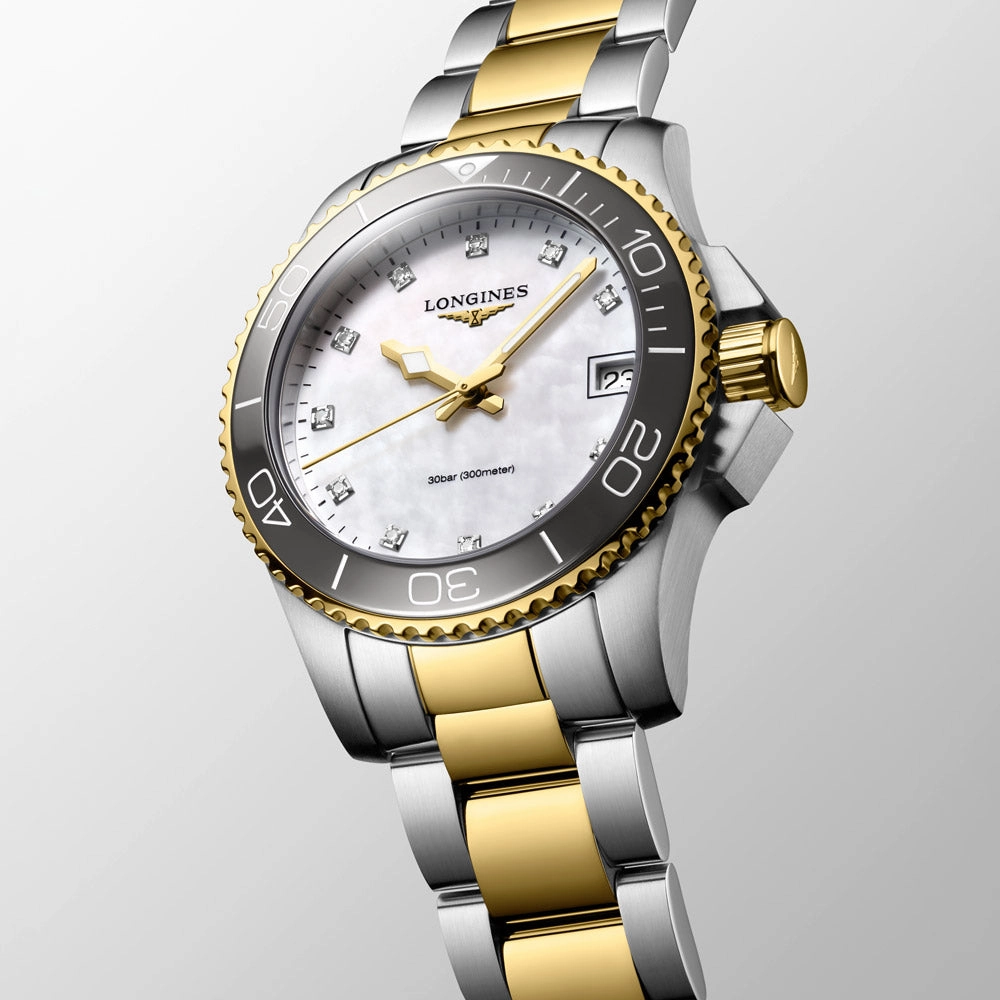 Longines HydroConquest 32mm MOP Diamond Dot Dial Yellow PVD Steel Quartz Ladies Watch L3.370.3.87.6