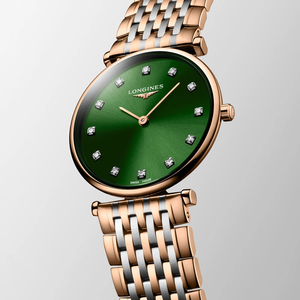 Longines La Grande Classique 29mm Green Diamond Dot Dial Red PVD Steel Ladies Quartz Watch L4.512.1.08.7