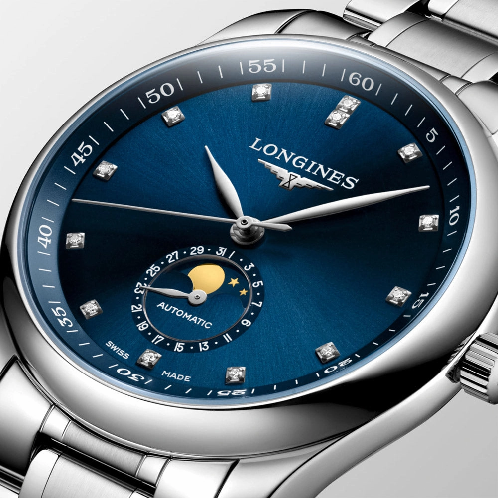 Longines Master Collection 40mm Blue Diamond Dot Dial Automatic Moonphase Gents Watch L2.909.4.97.6