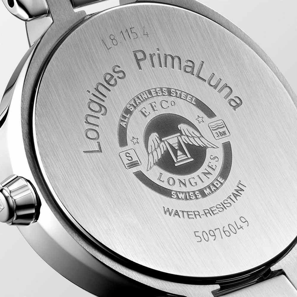 Longines PrimaLuna 30.5mm Blue MOP Diamond Dot Dial Moon Phase Ladies Quartz Watch L8.115.4.98.6