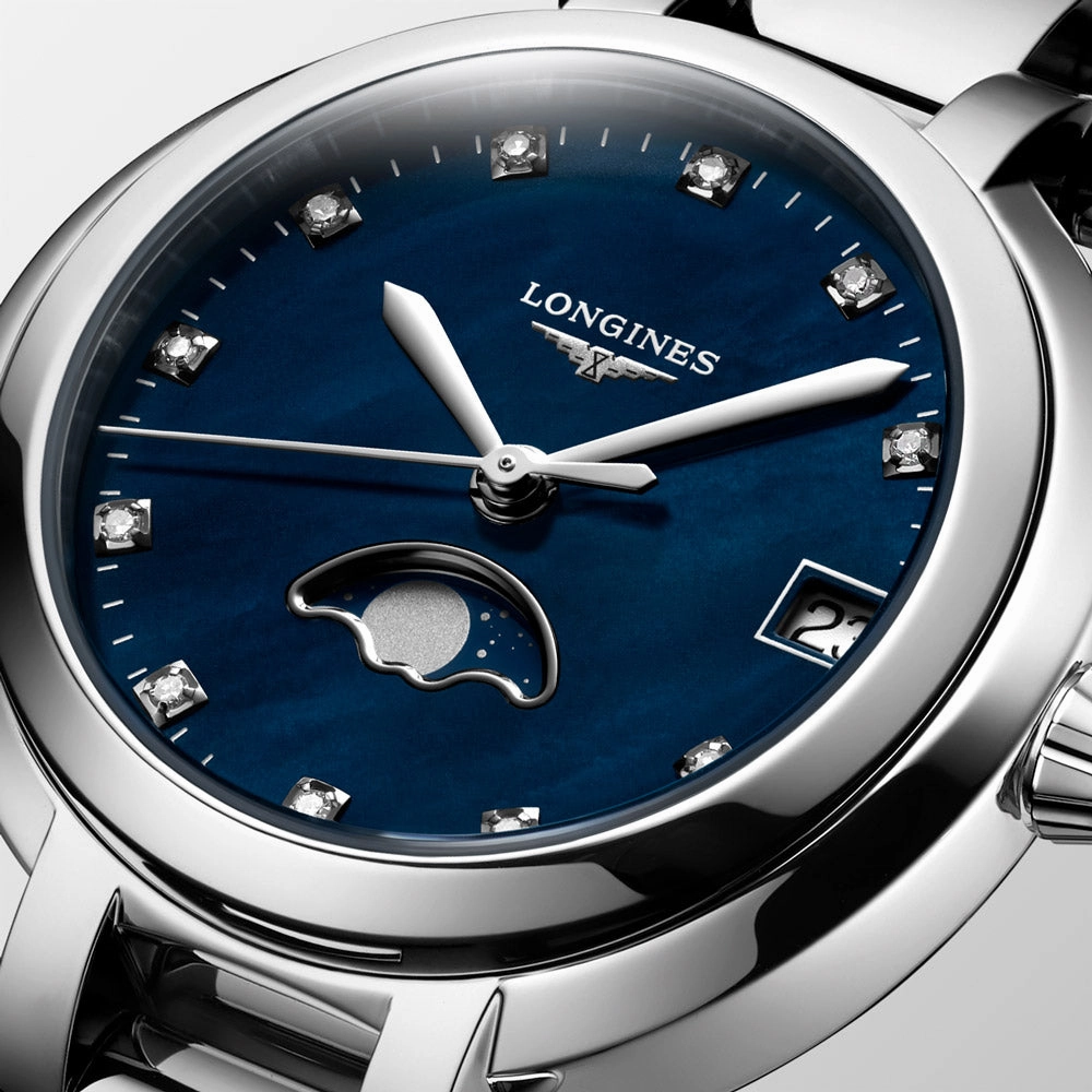 Longines PrimaLuna 30.5mm Blue MOP Diamond Dot Dial Moon Phase Ladies Quartz Watch L8.115.4.98.6